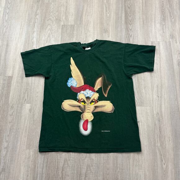 Vintage Looney Tunes Wile E Coyote Shirt Men's XL Green Big Face Christmas 1994